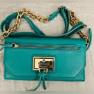 Nicole by Nicole Miller Teal Leather Crossbody with Gold Chain
